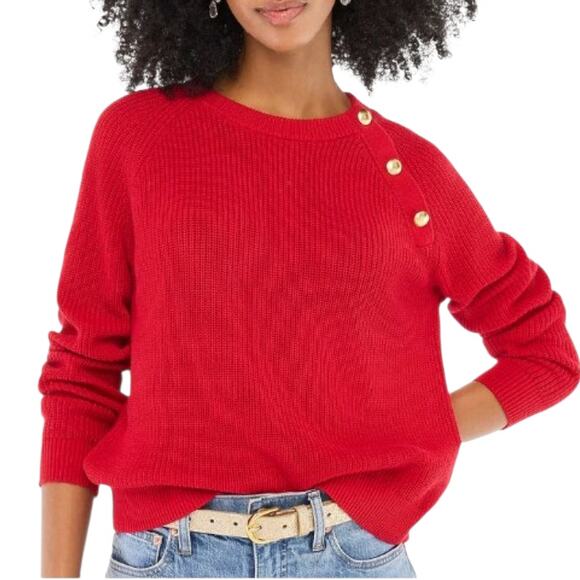 J.Crew Gold Button Raglan Crewneck Sweater Red Ribbed Cotton Blend Cozy XS - Picture 1 of 8